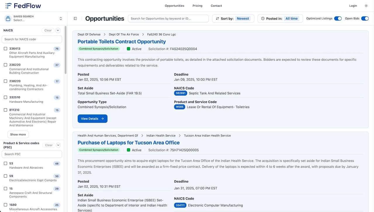 FedFlow dashboard mockup showing search results